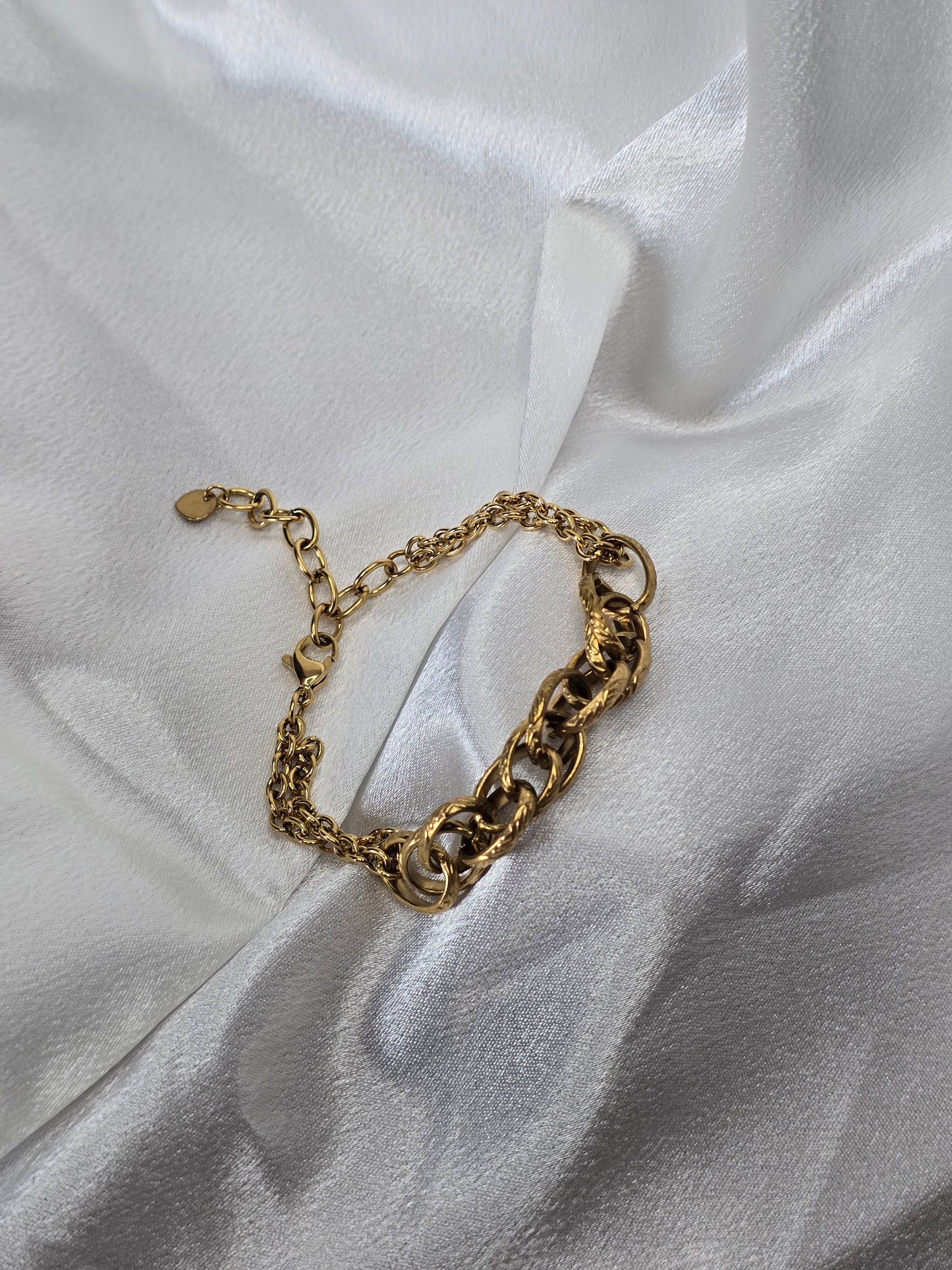 Bracelet doré large maillons lisses et tressés double couches