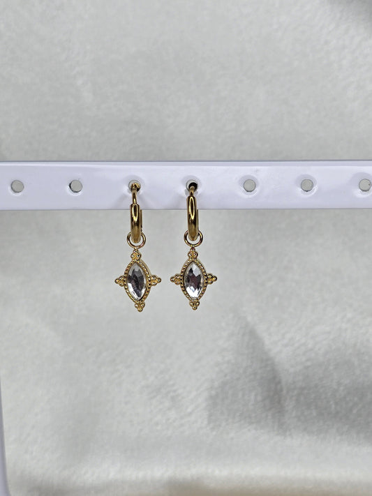 Boucles d'oreilles pendantes dorées avec pierre centrale